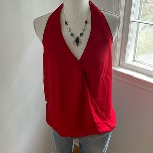 Red Halter V-Neck Draped Women's Top